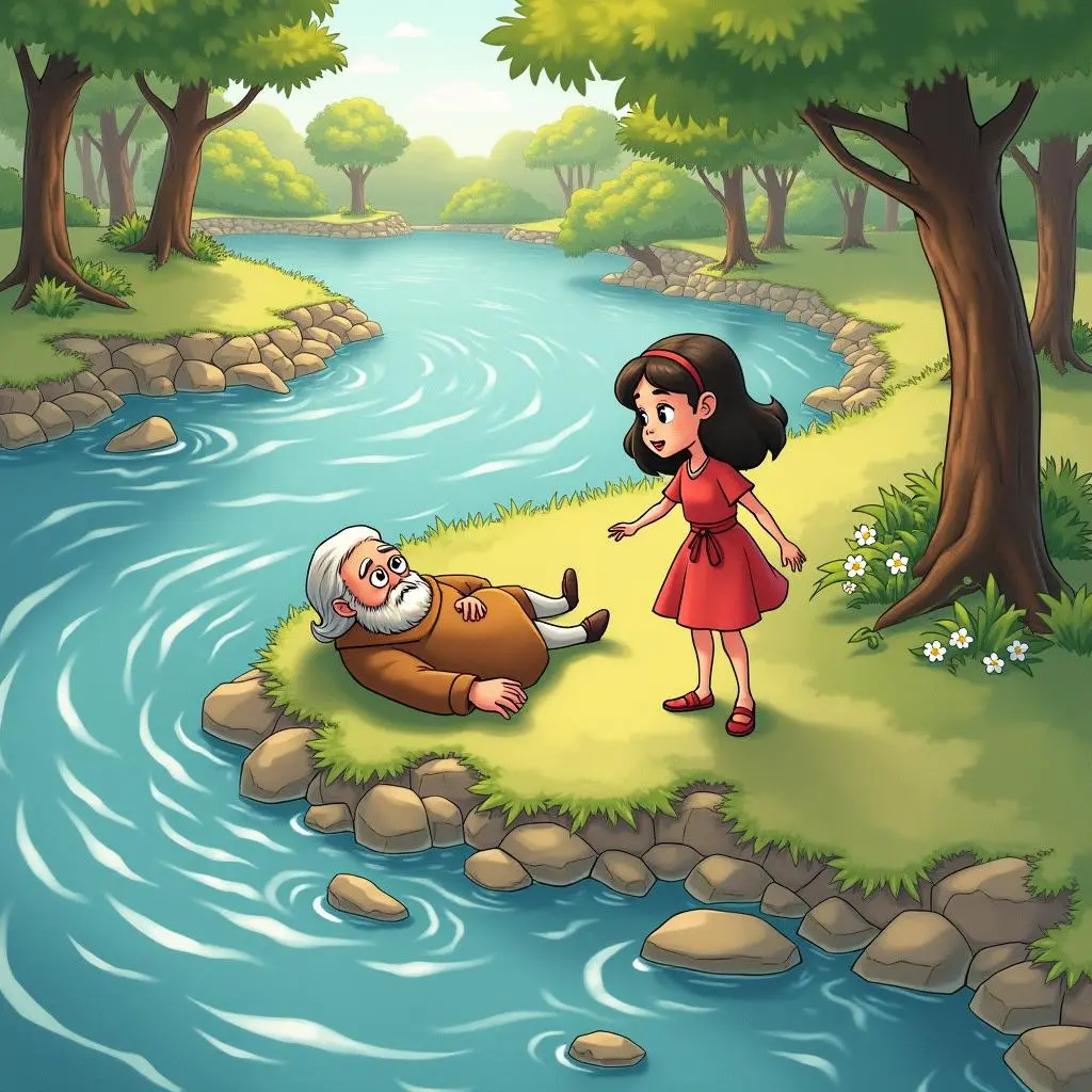 Lily uses her wings to fly across the river to help an old man who has fallen down