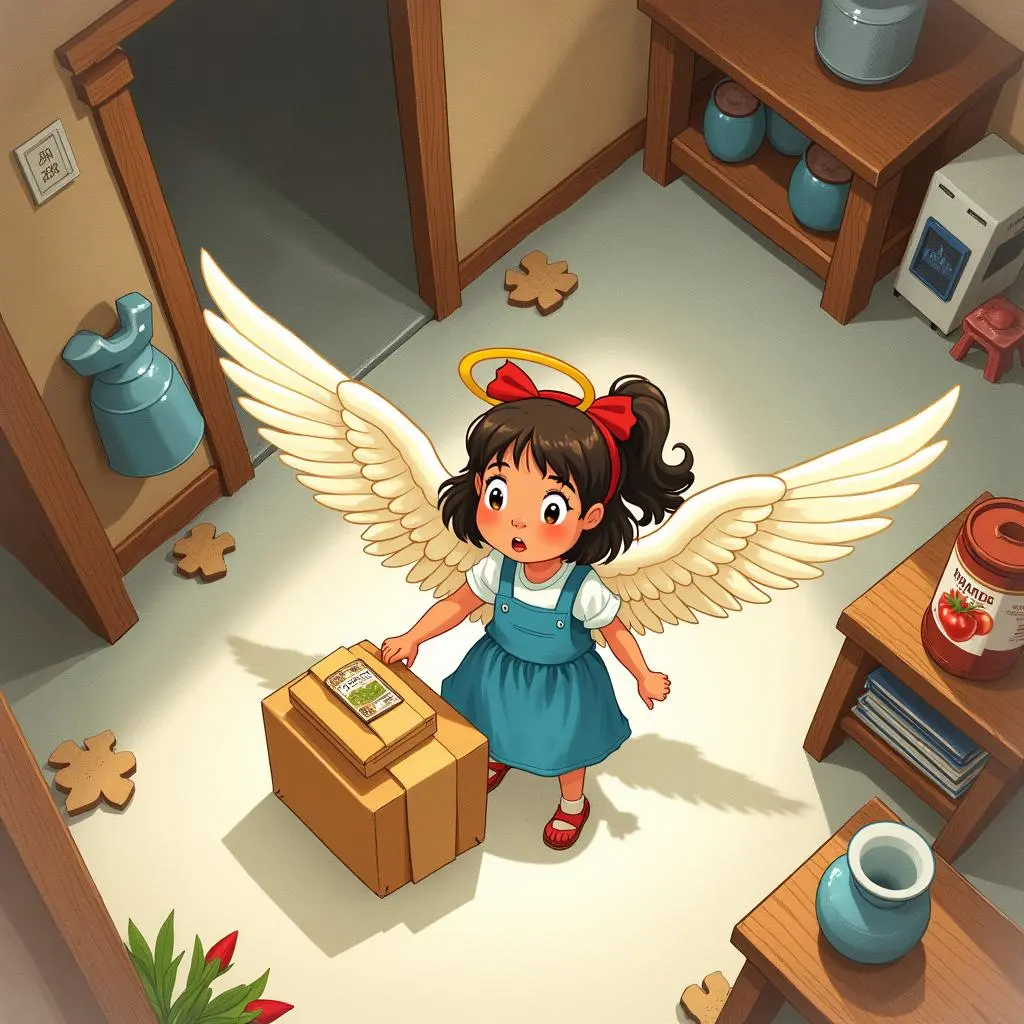 Lily flies to the roof of a poor family with food and lands there