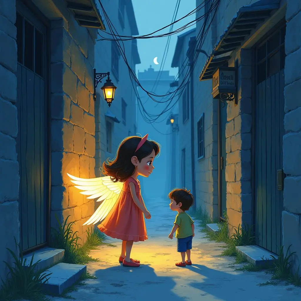 Lily uses her wings to light up the way for a lost child to go home at night