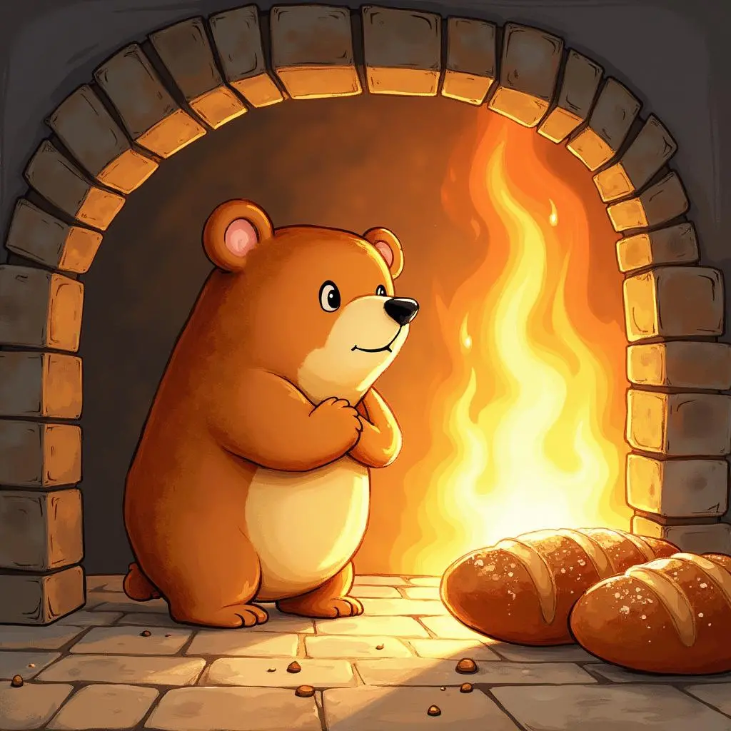 The bear - shaped bread glows in the oven