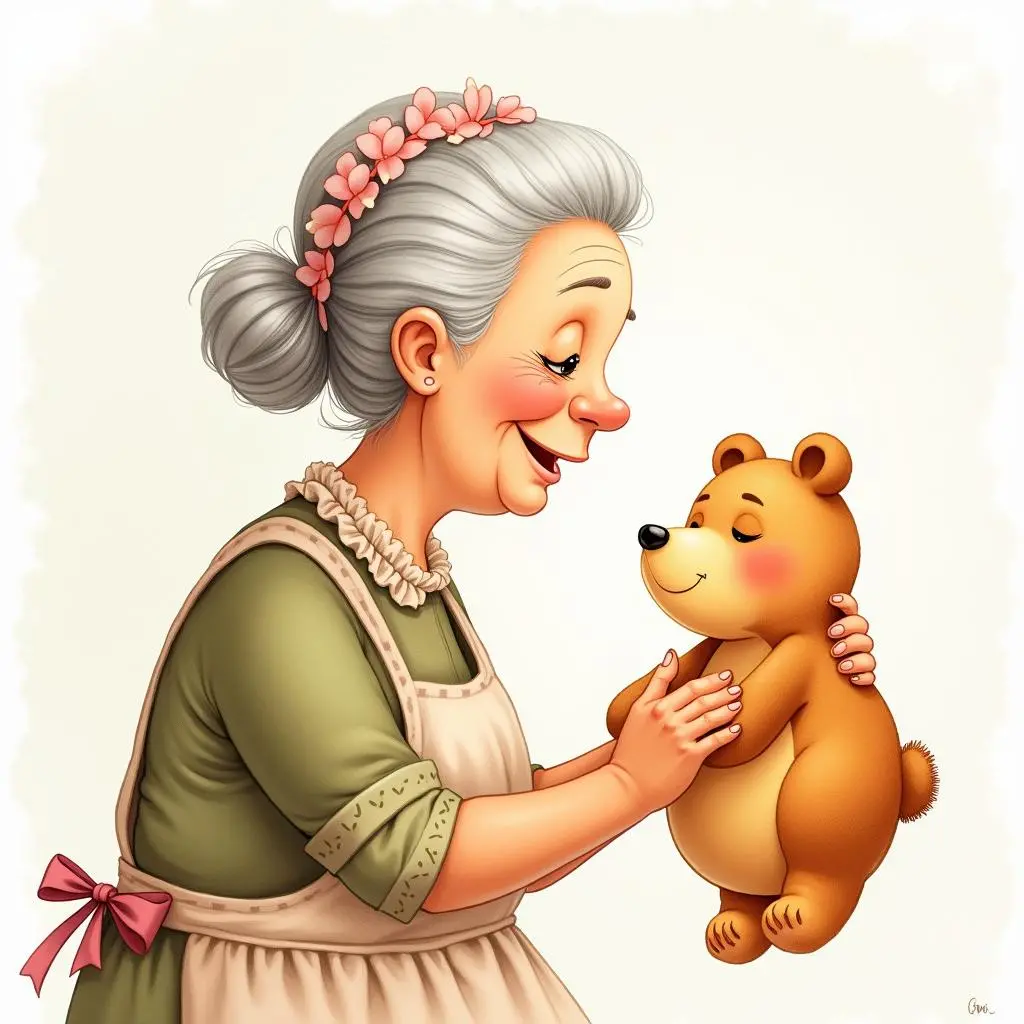 The old lady holds the bear - shaped bread