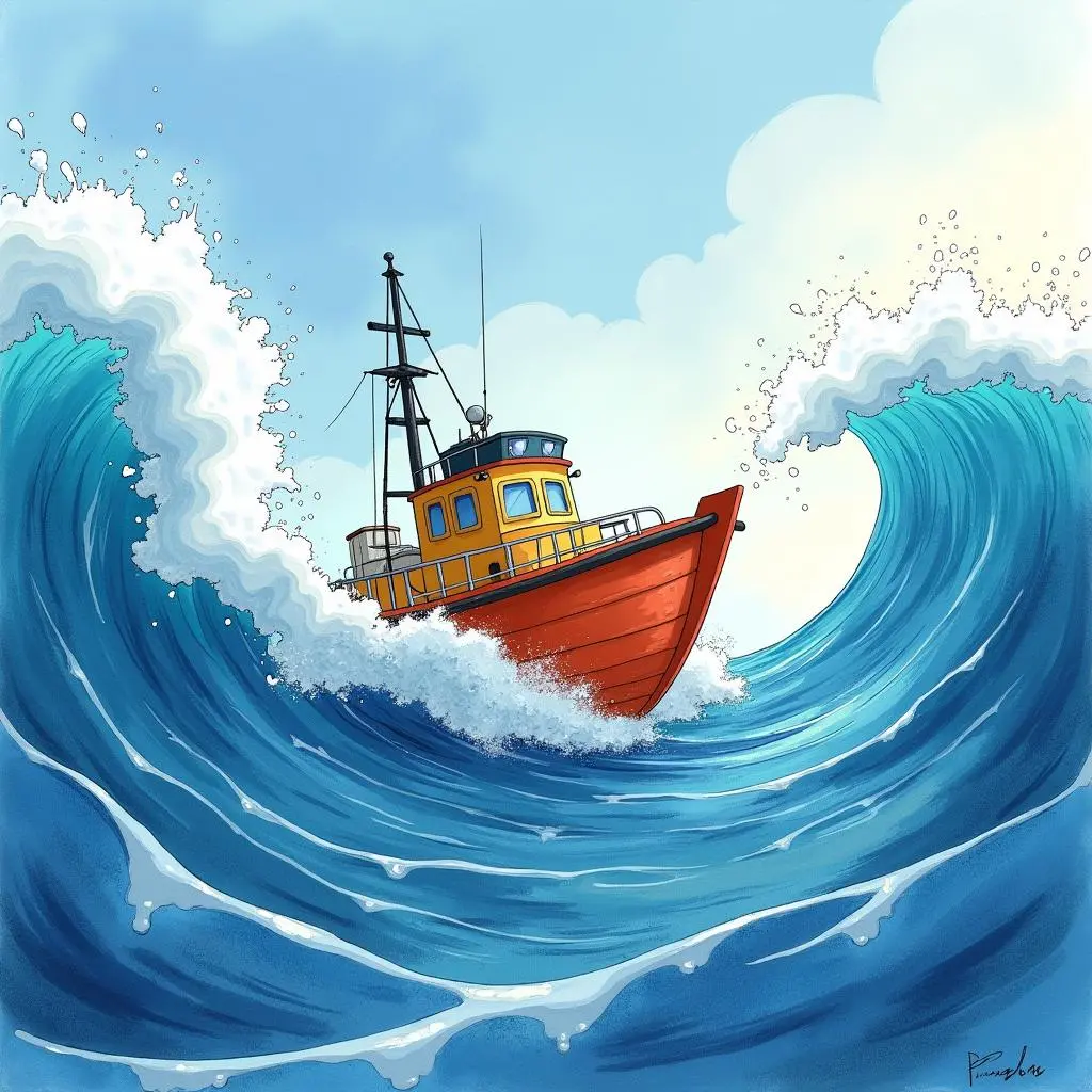 The small fishing boat moves forward among the huge waves