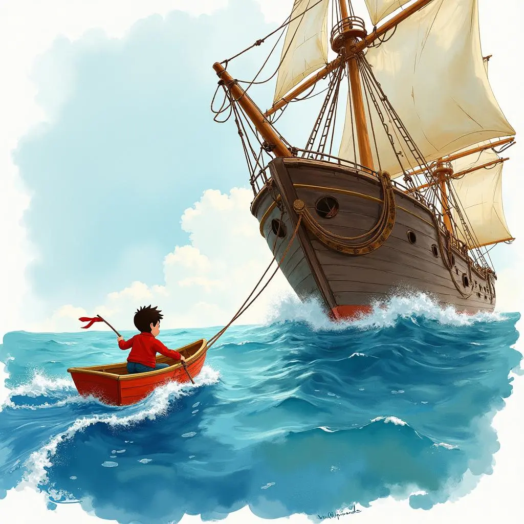 The small fishing boat approaches the distressed large ship