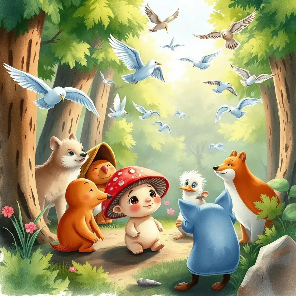 The little mushroom asks other animals for help