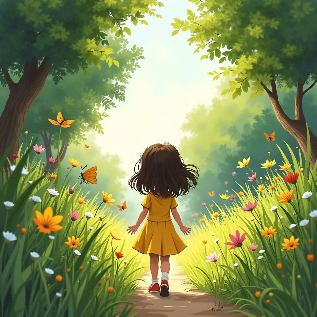 Lucia walking towards the butterfly garden