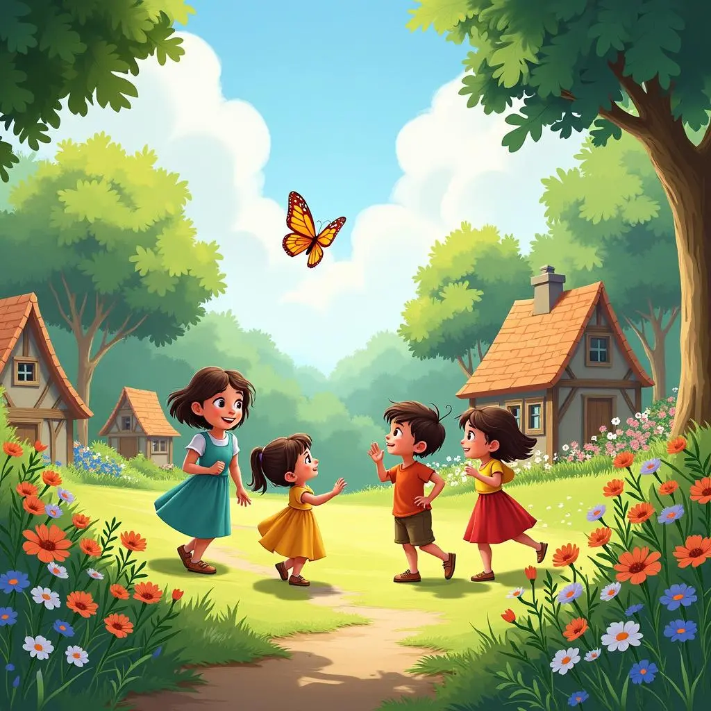 Lucia and the villagers in the garden