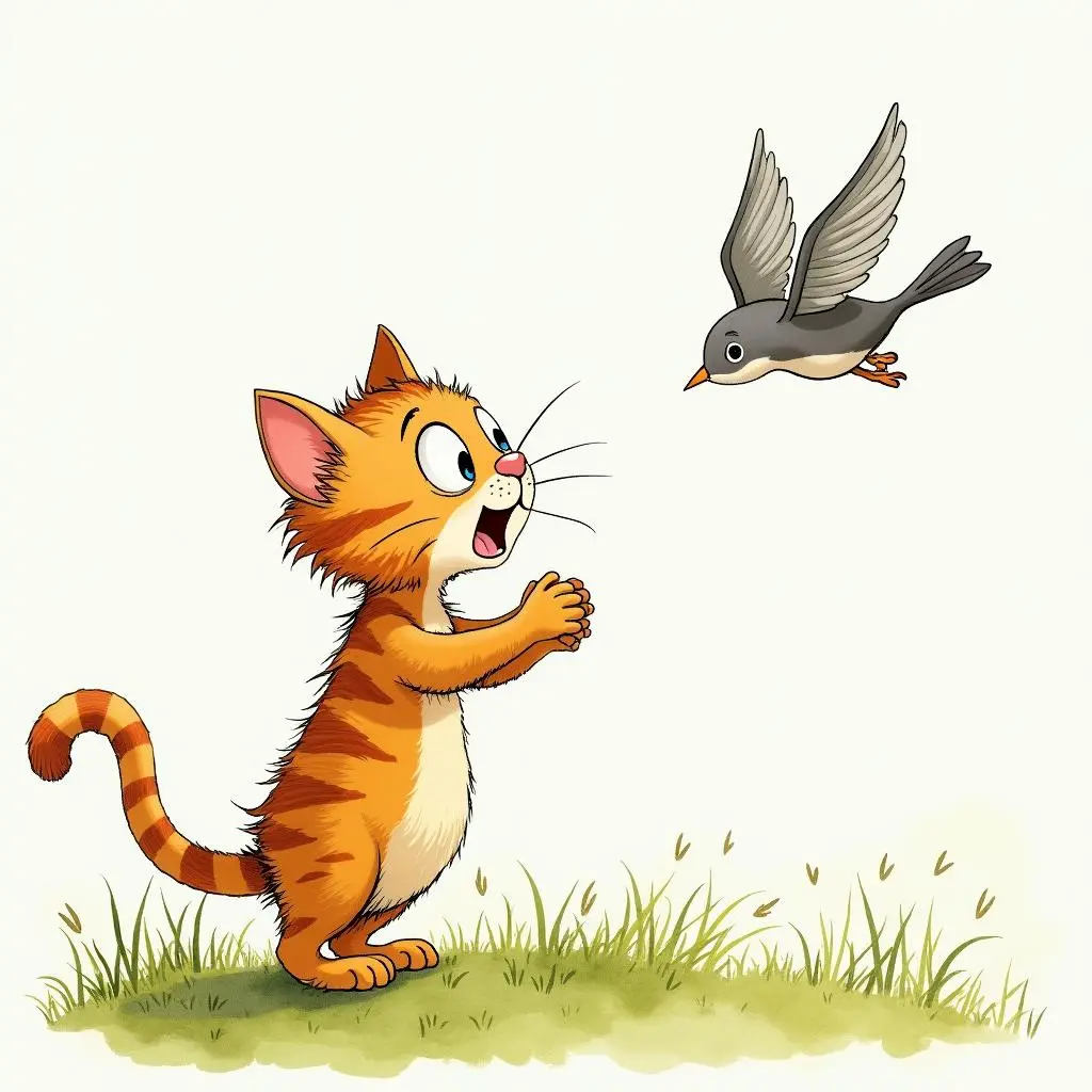 The cat shows its true nature when seeing the bird