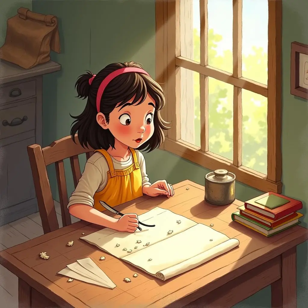 The farmer's daughter is sitting at the table at home thinking