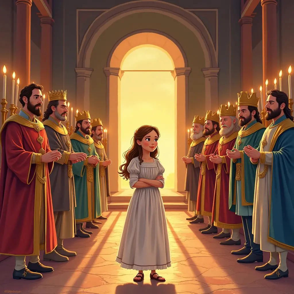 The farmer's daughter is standing in front of the king and ministers answering the riddle