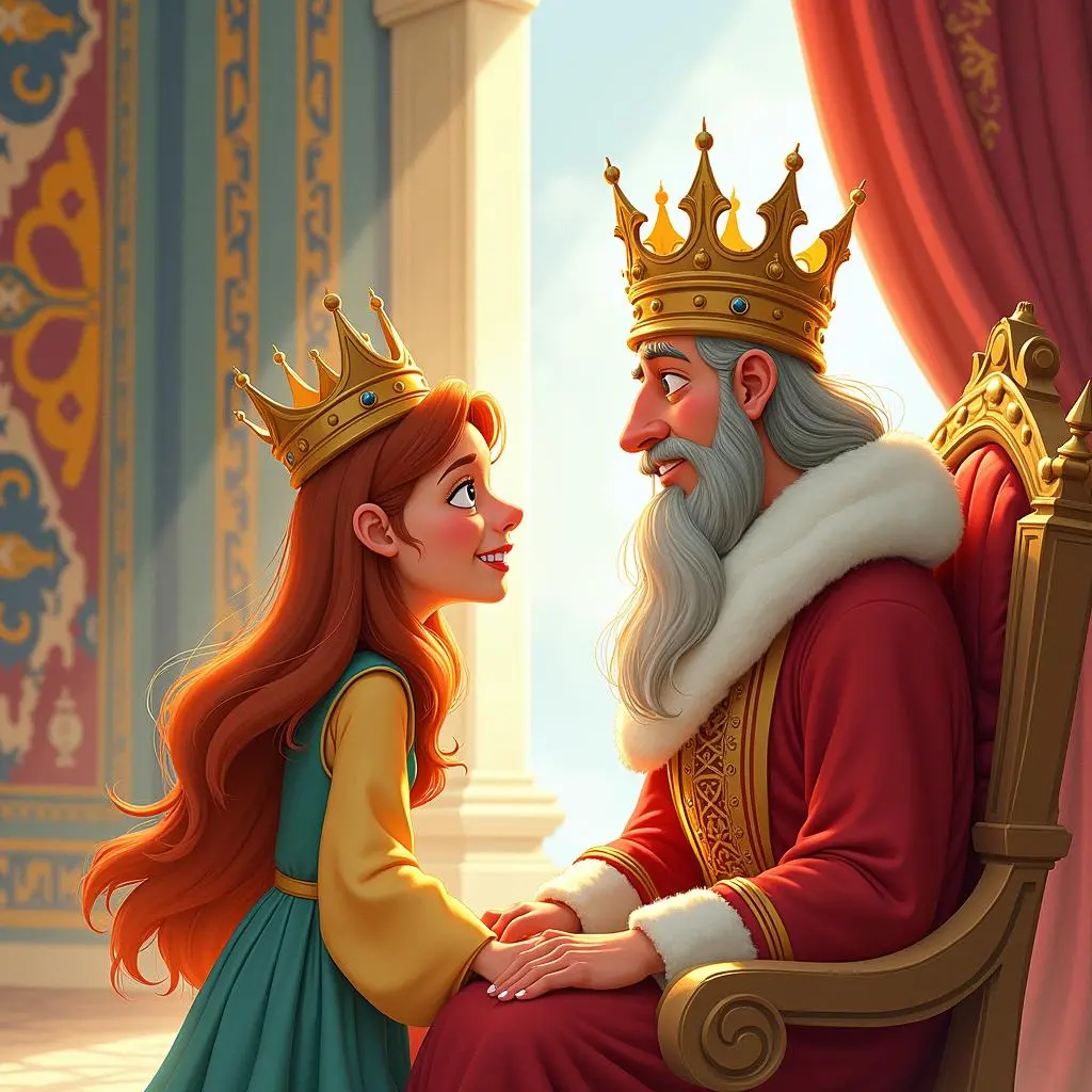 The farmer's daughter is standing with the king with a crown on her head
