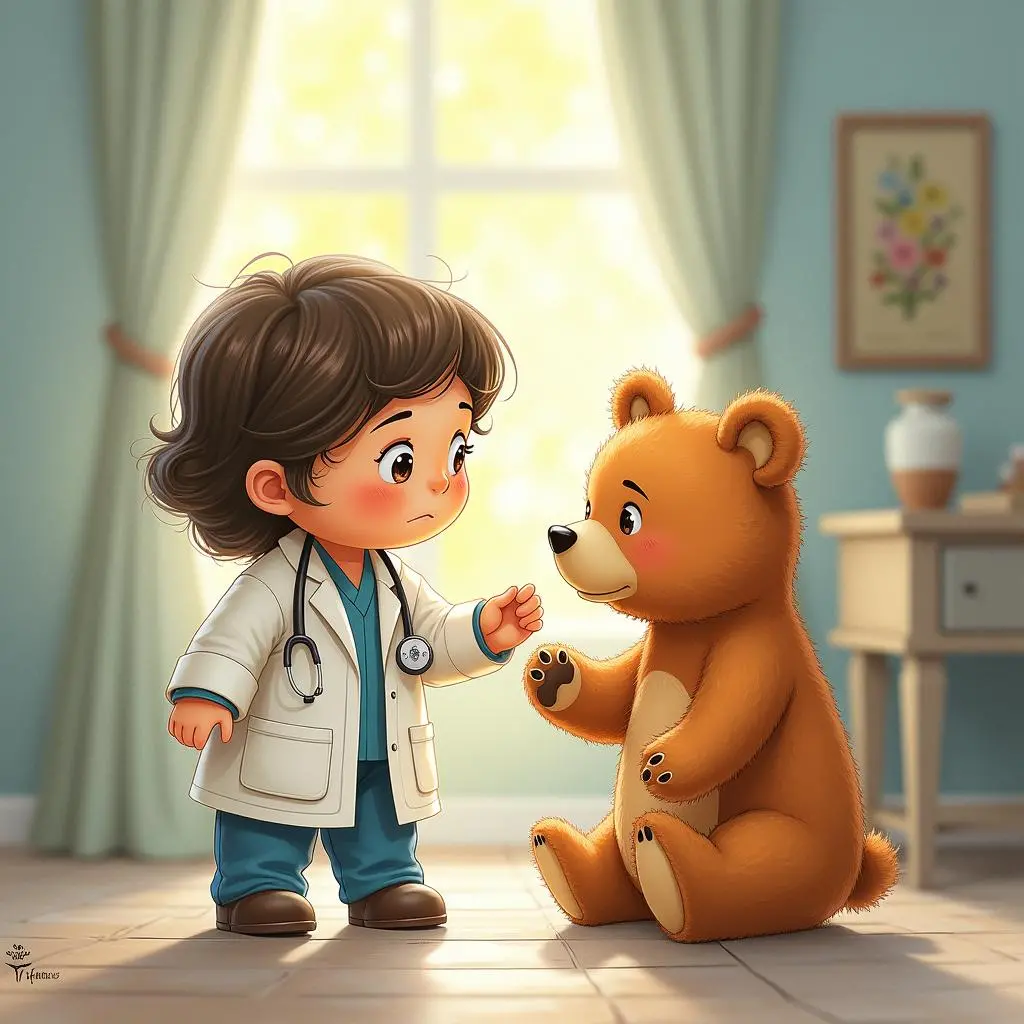 The rag doll doctor picks up the teddy bear to examine the wound