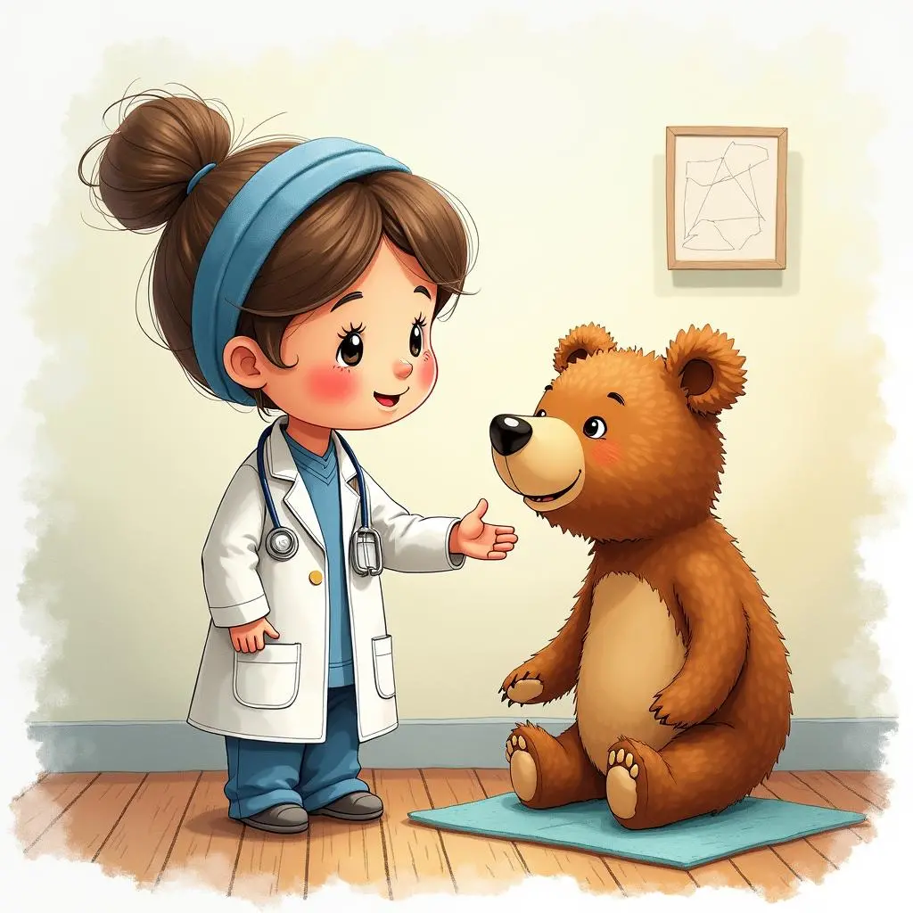 After the rag doll doctor sews the teddy bear's arm, the teddy bear smiles happily