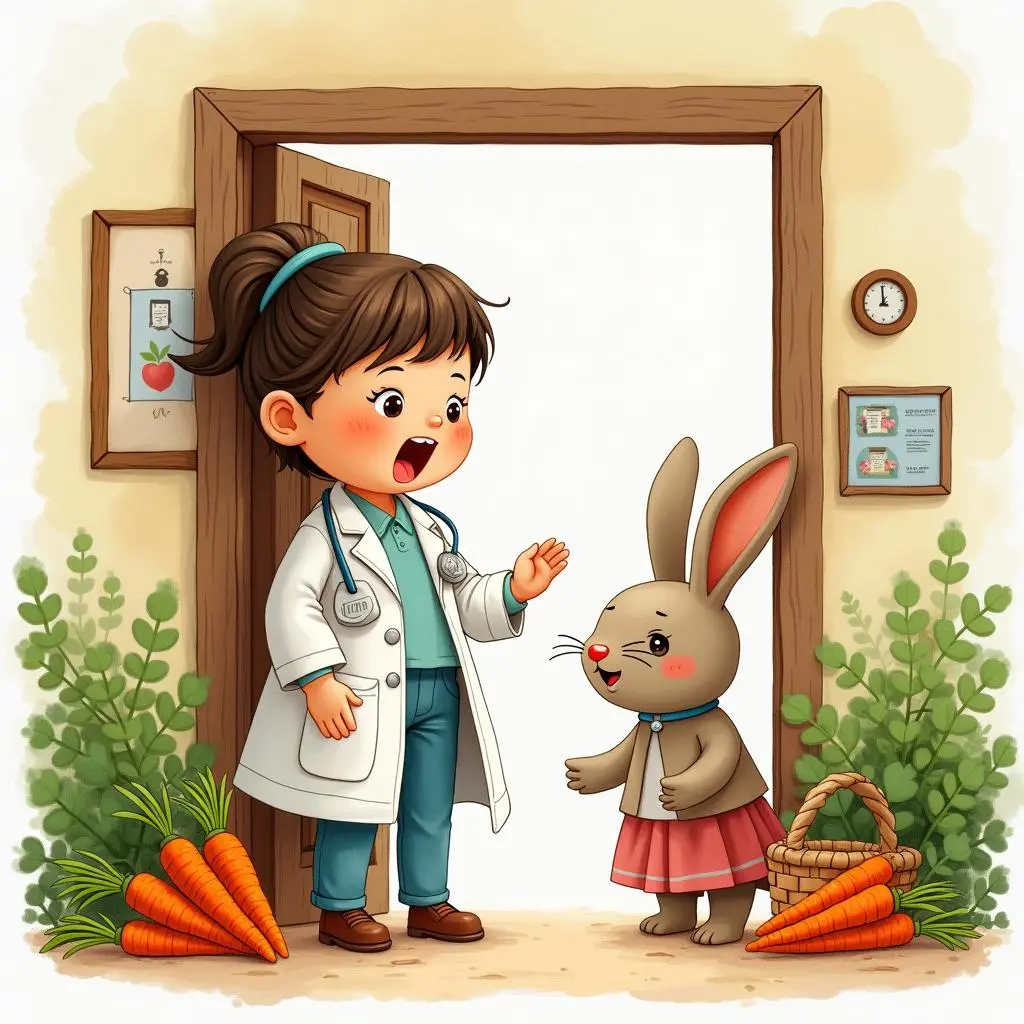 The rag doll doctor takes the rabbit's carrots
