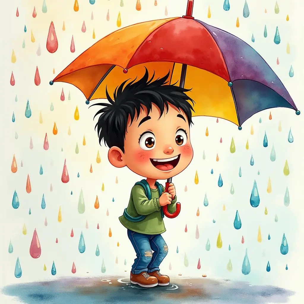 Tom laughing in the colorful rain