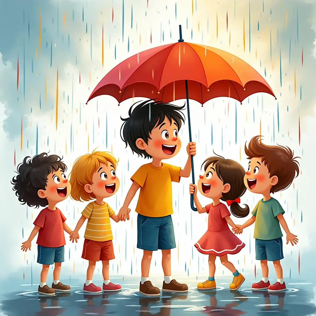 Tom with his friends in the colorful rain