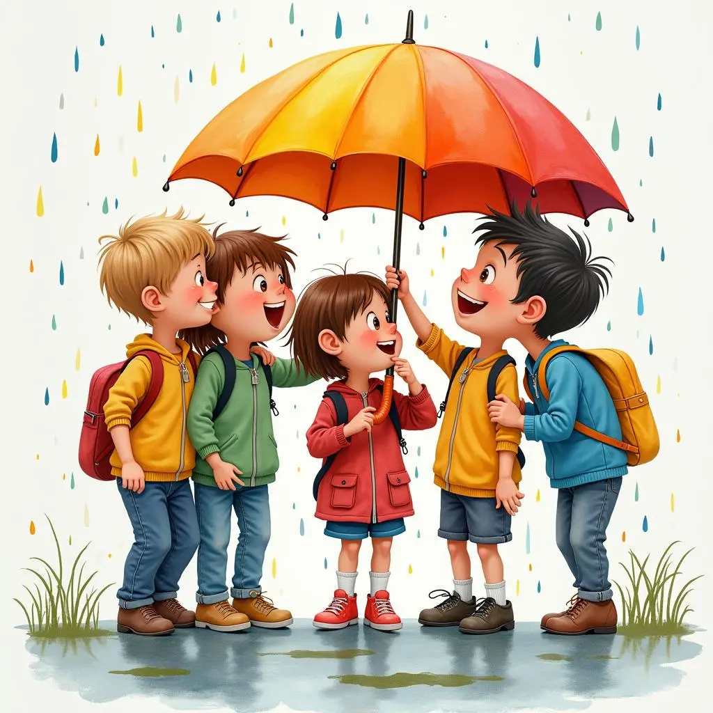The smiles of friends after the colorful rain stopped