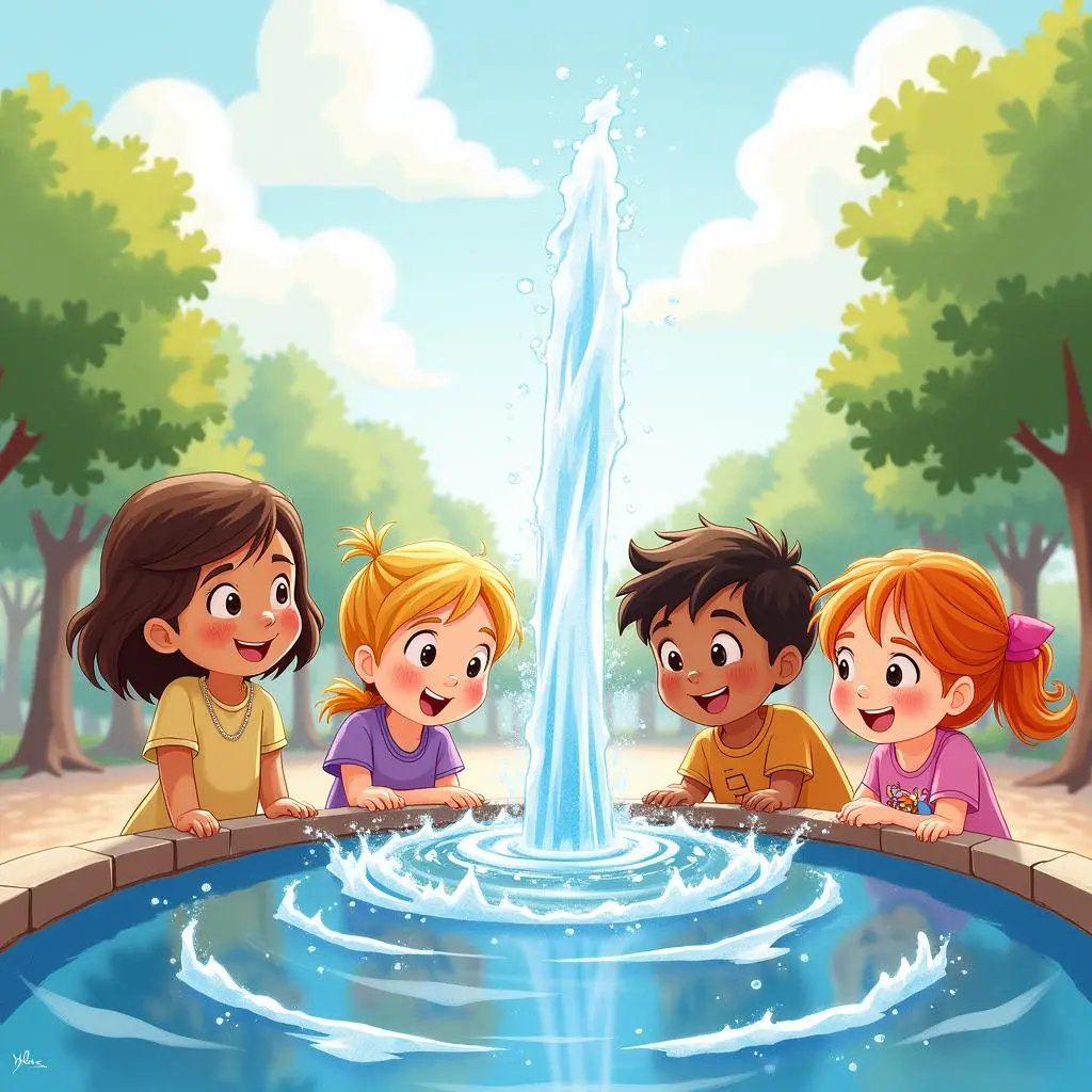 Children laughing around the fountain