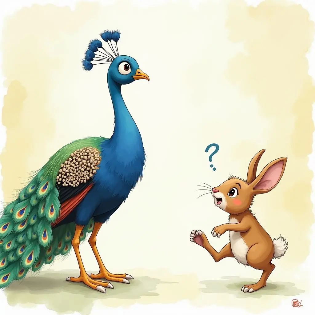 The peacock teaches the little rabbit to dance