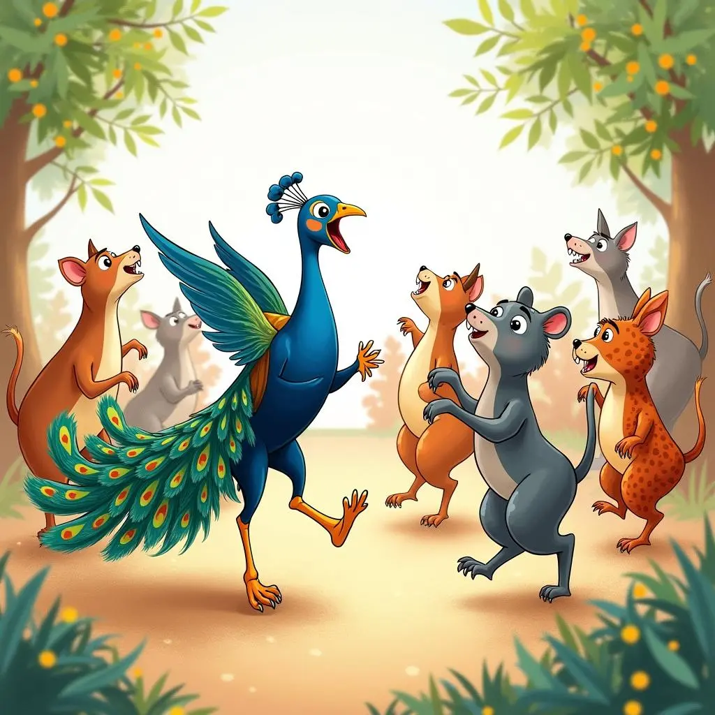 The peacock leads the small animals to dance