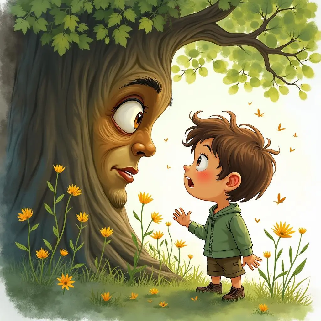 The fairy and the boy are looking at each other