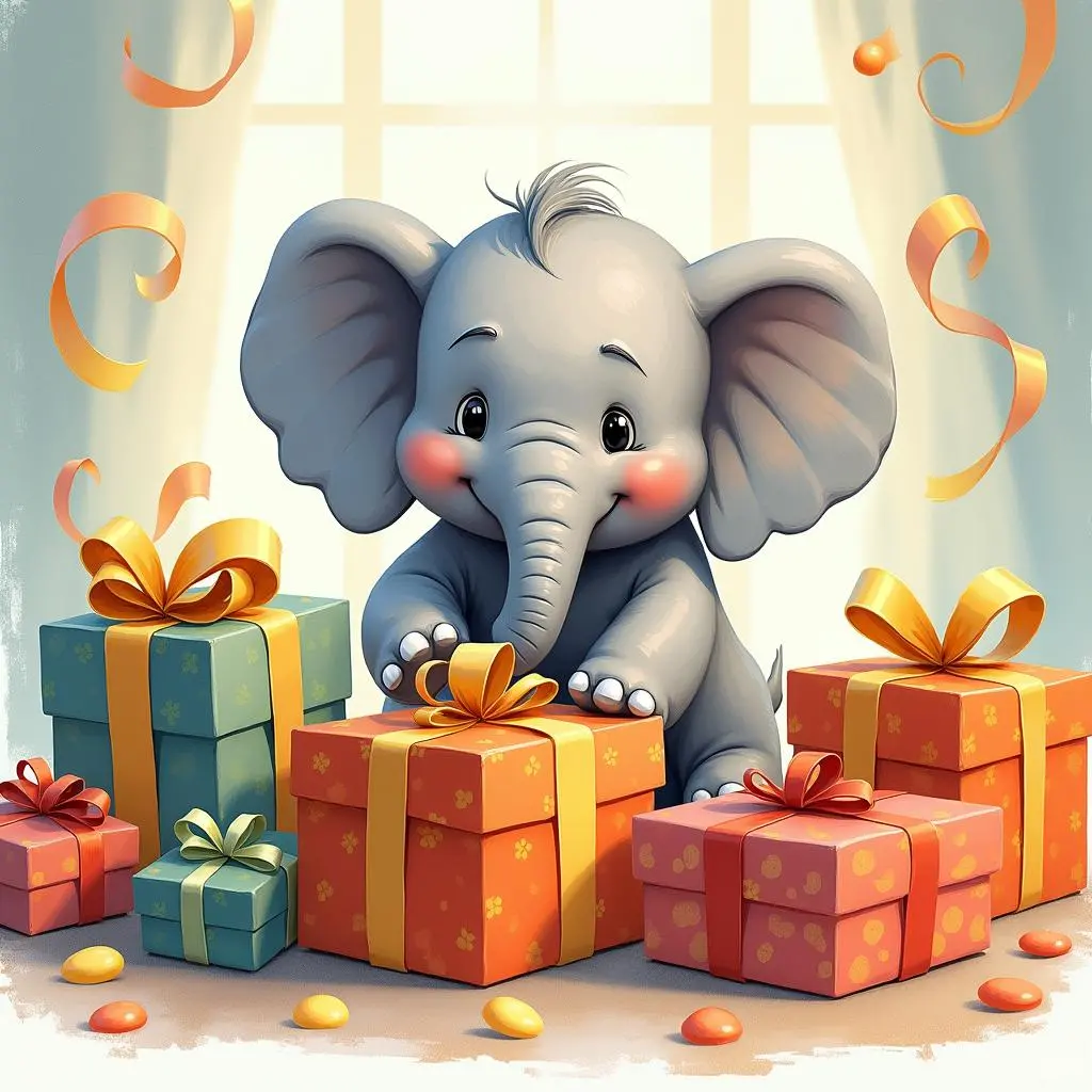 The little elephant is choosing a gift
