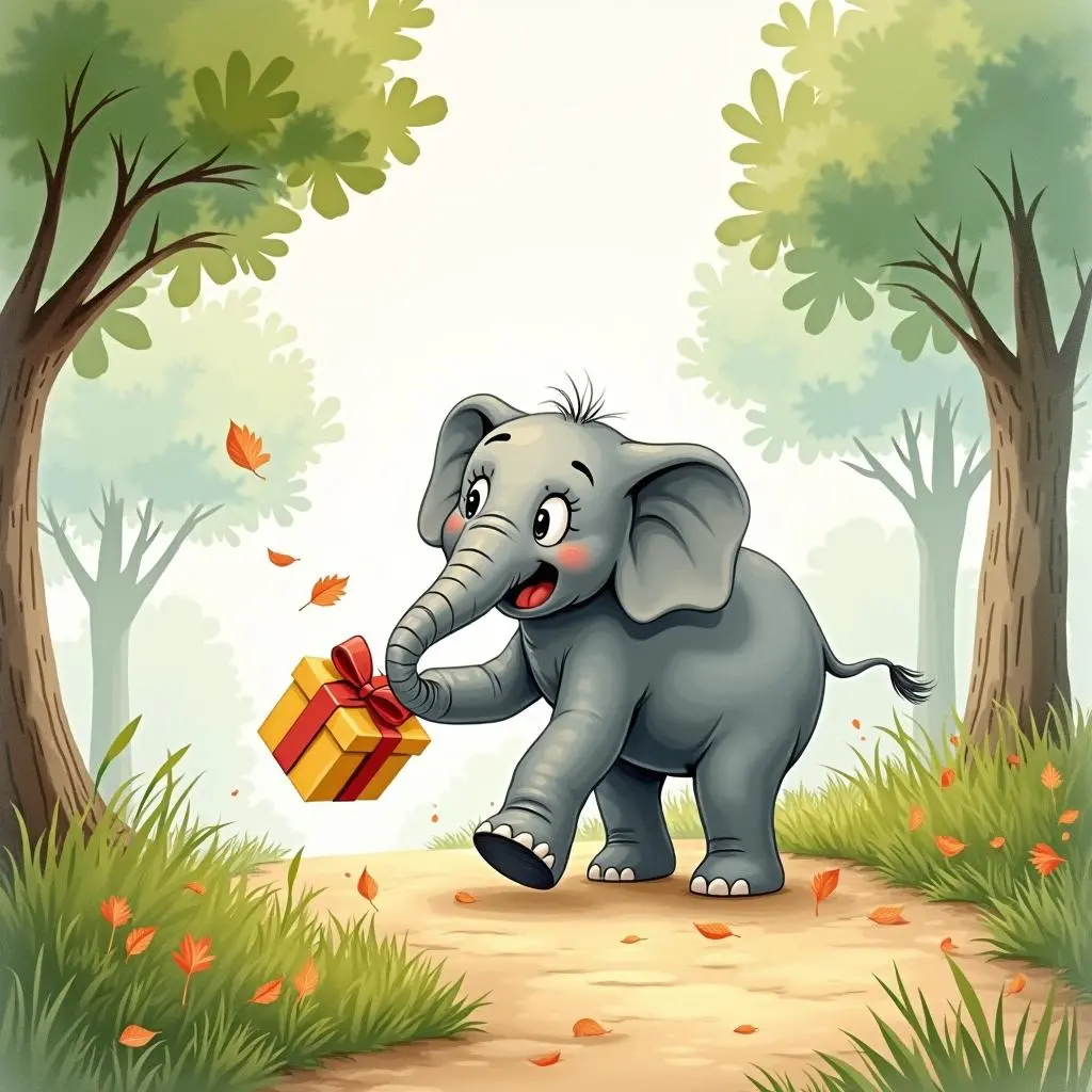 The little elephant is walking towards the little rabbit's home