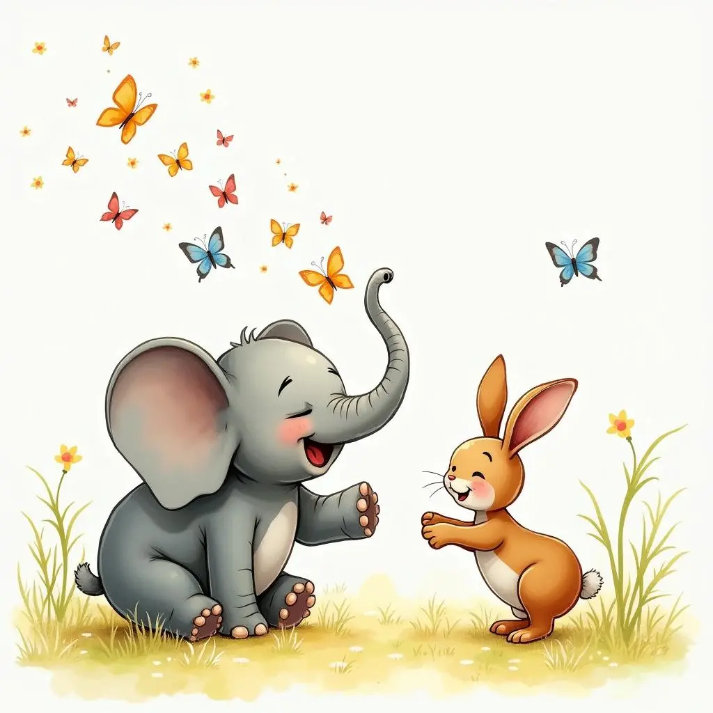 The little elephant and the little rabbit are laughing together