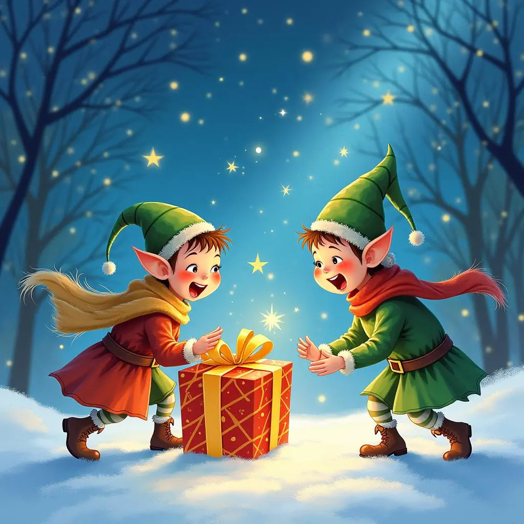 The elves set off with the gift