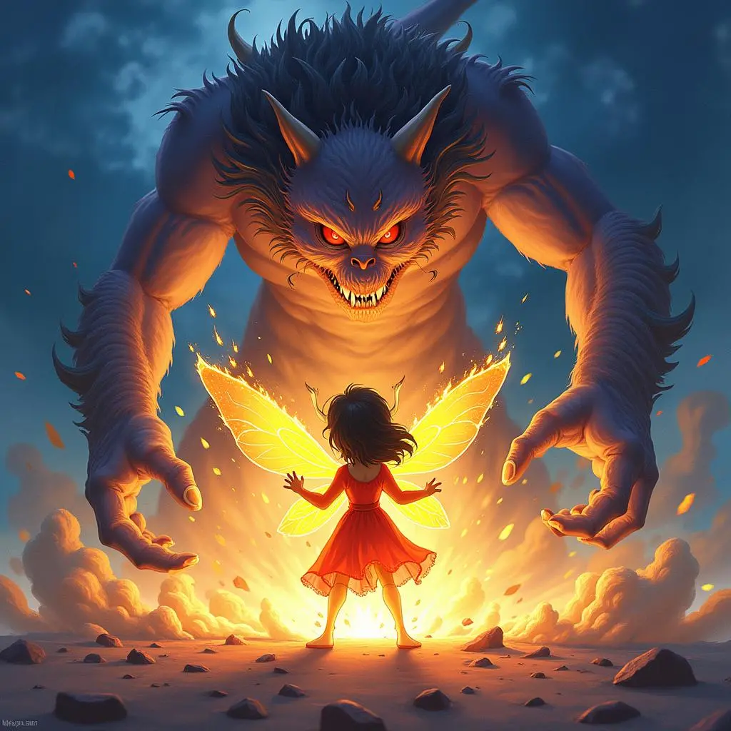 The Firefly Princess fighting with the monster