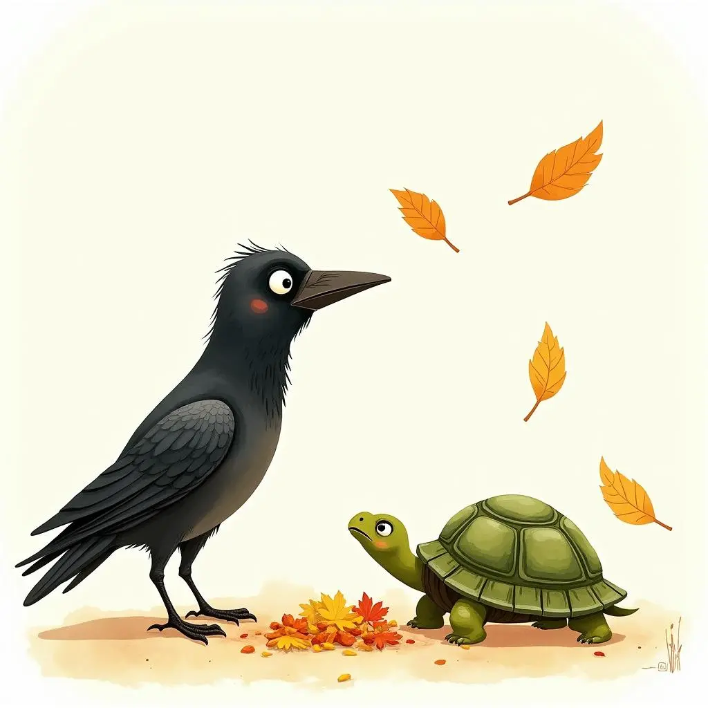 The crow brings food to the turtle