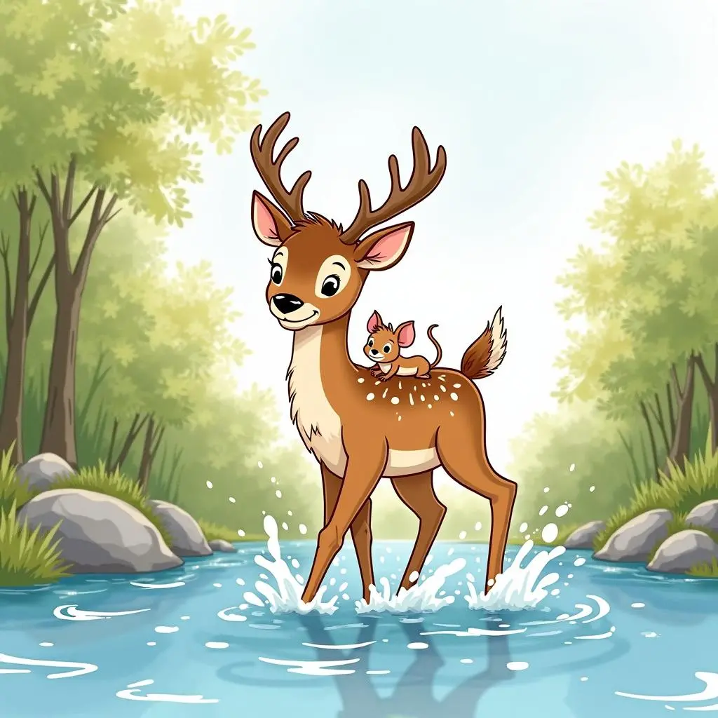 The deer carries the mouse across the river