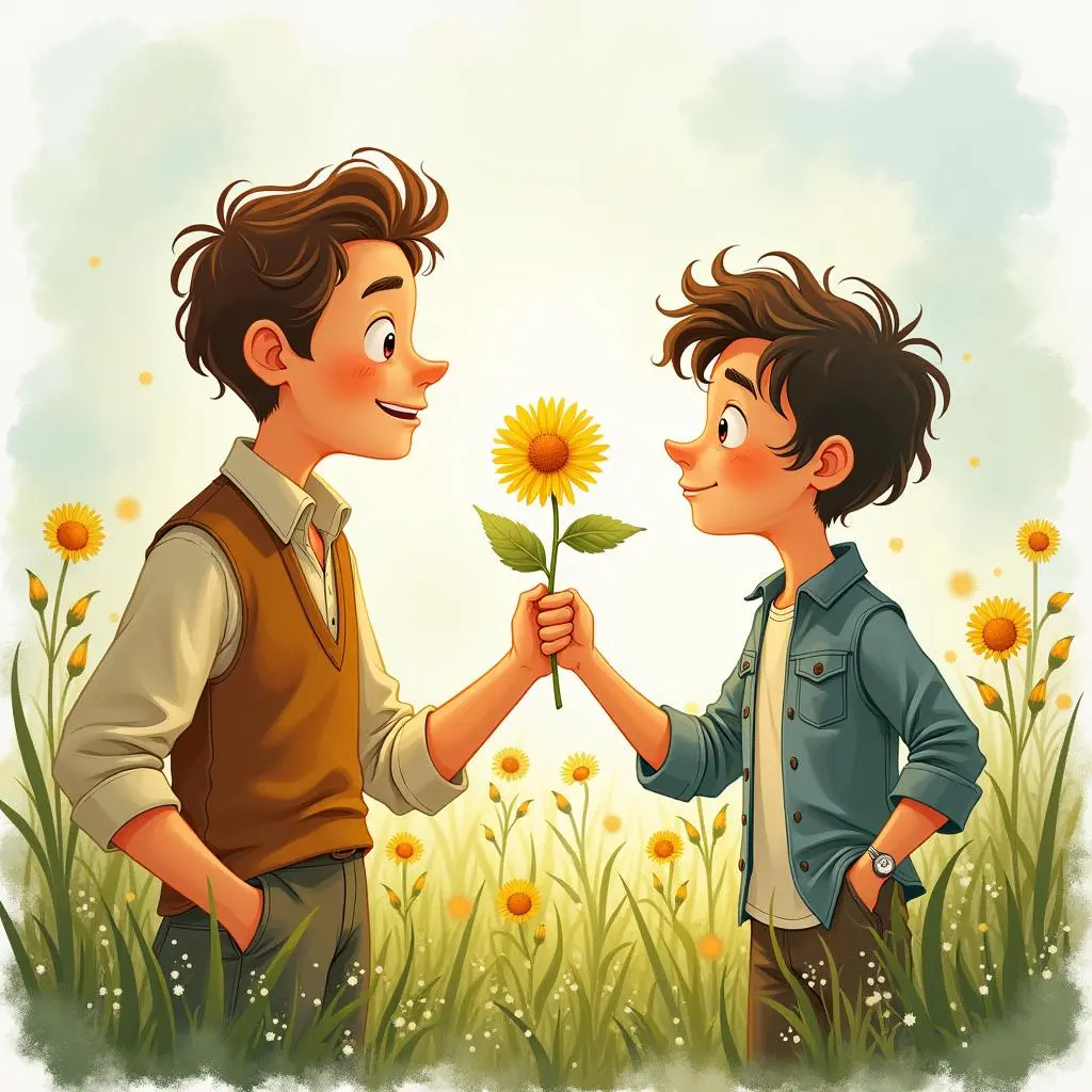 Hans hands a flower to Alicia