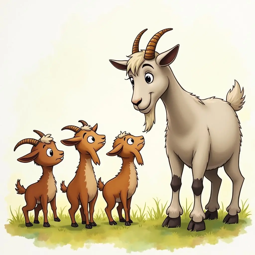 The little goats curiously gather around the mother goat
