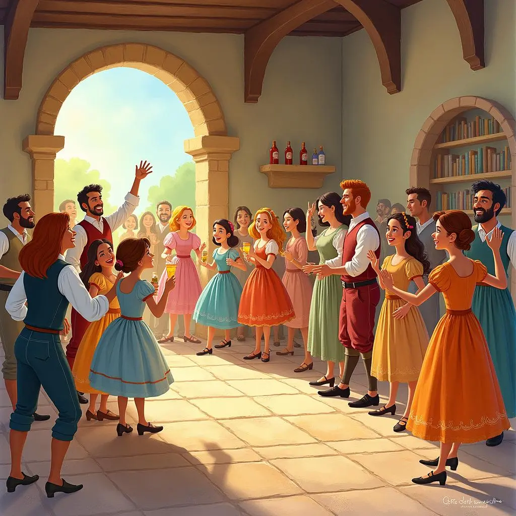 Everyone has a happy gathering in the castle
