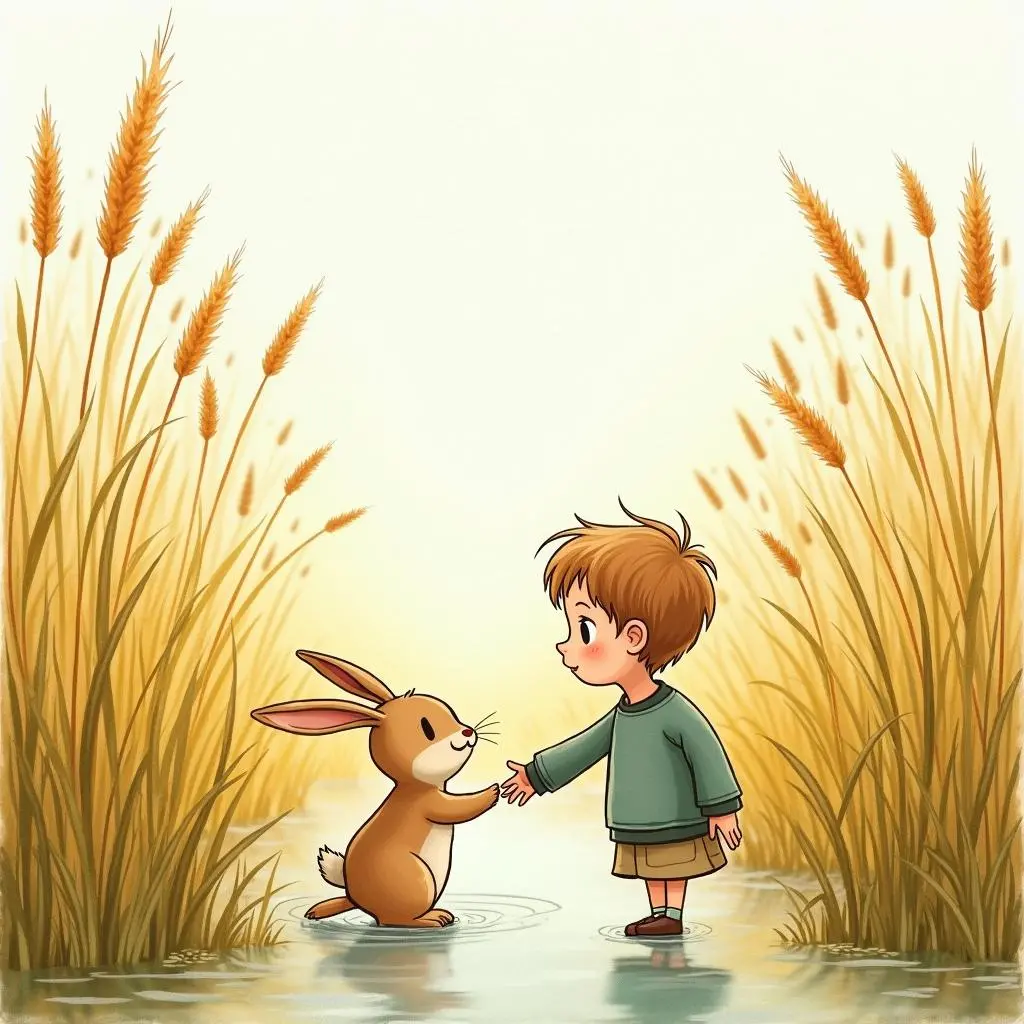 Raj walks out of the reed marsh with the little rabbit