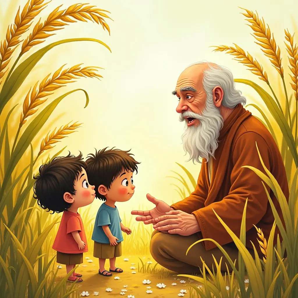 孩子们在稻穗边听老人讲故事