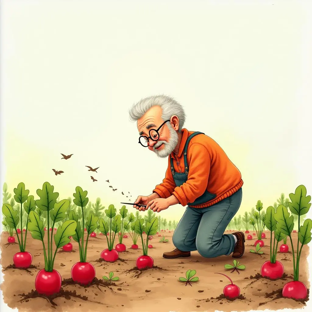 The old grandpa is looking at the radish sprouts