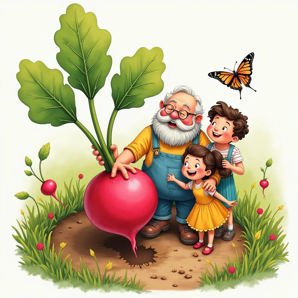 The whole family smiles around the radish