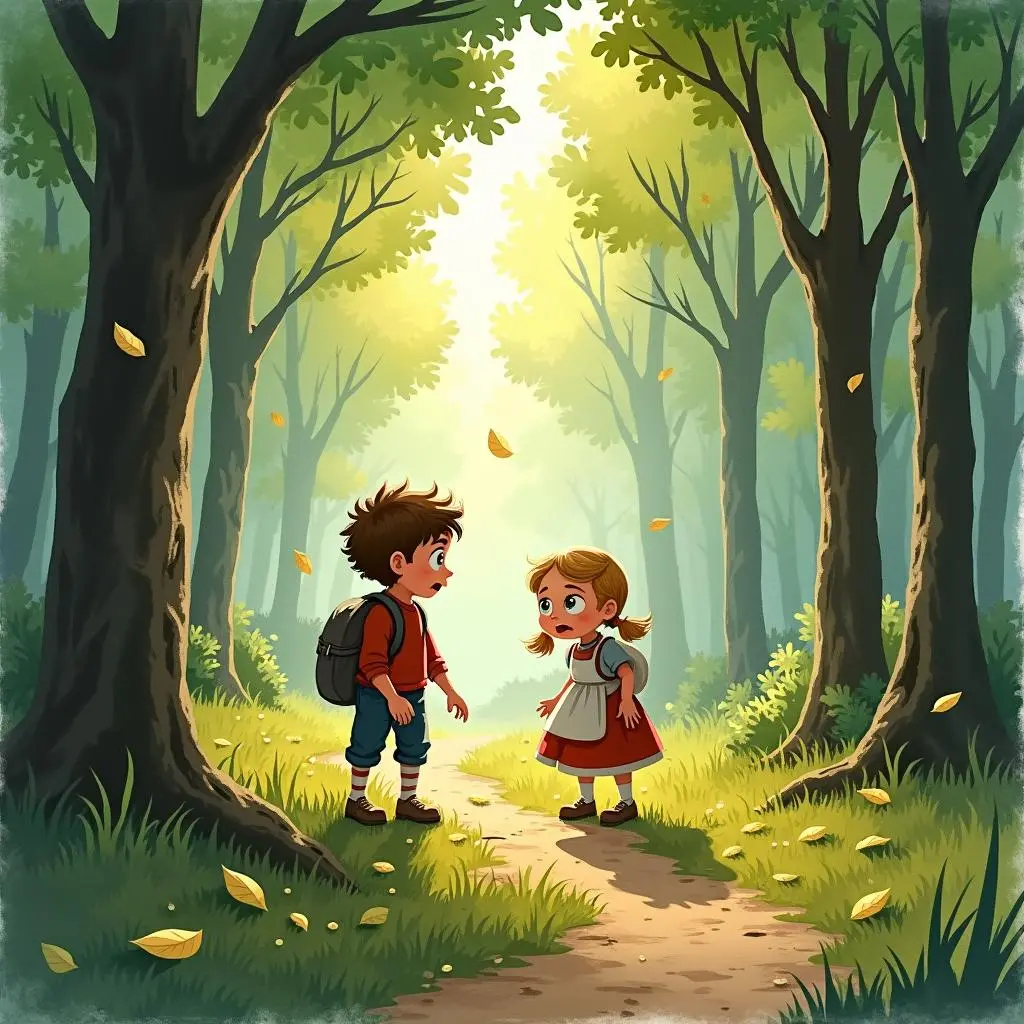 Hansel and Gretel getting lost in the forest