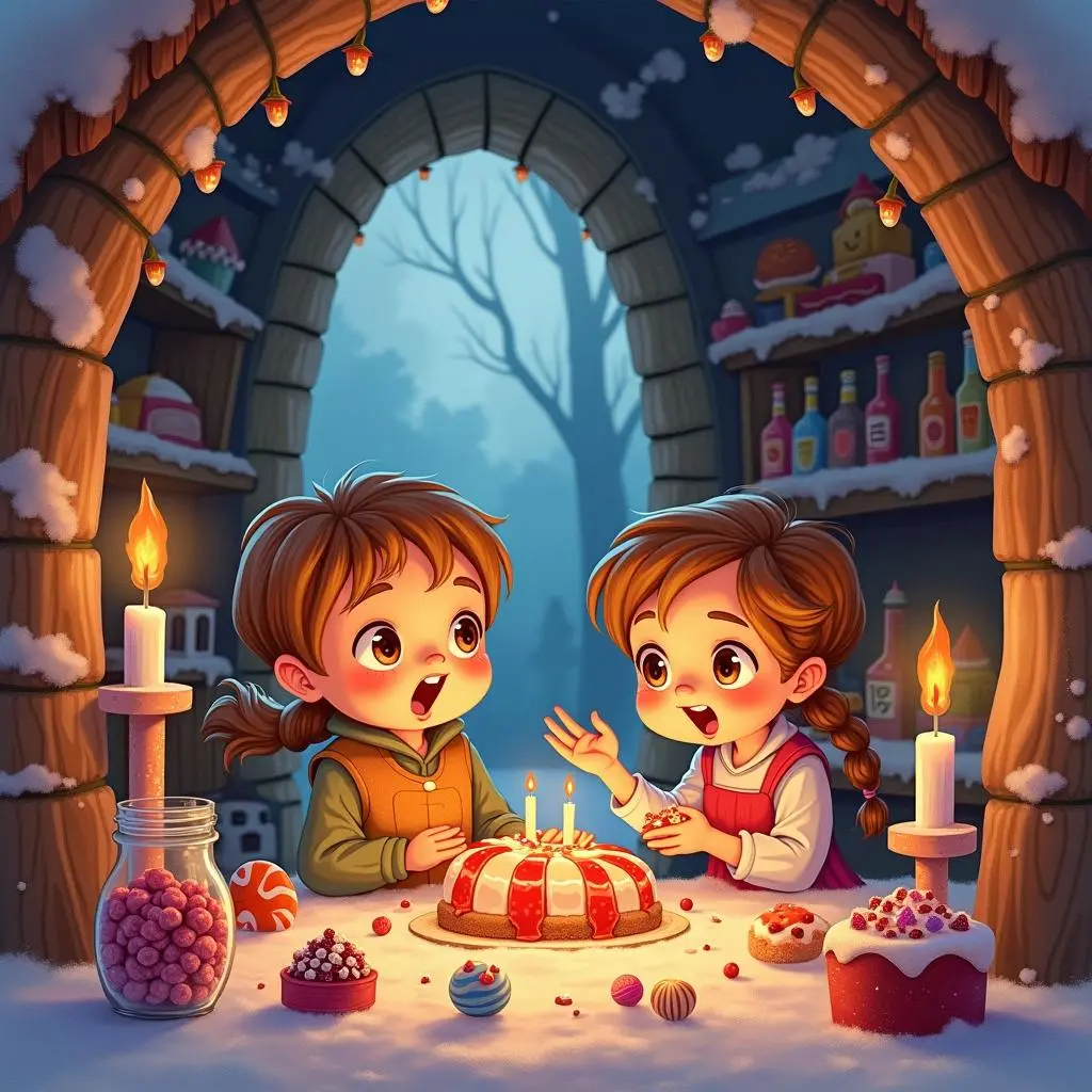 Hansel and Gretel inside the candy house
