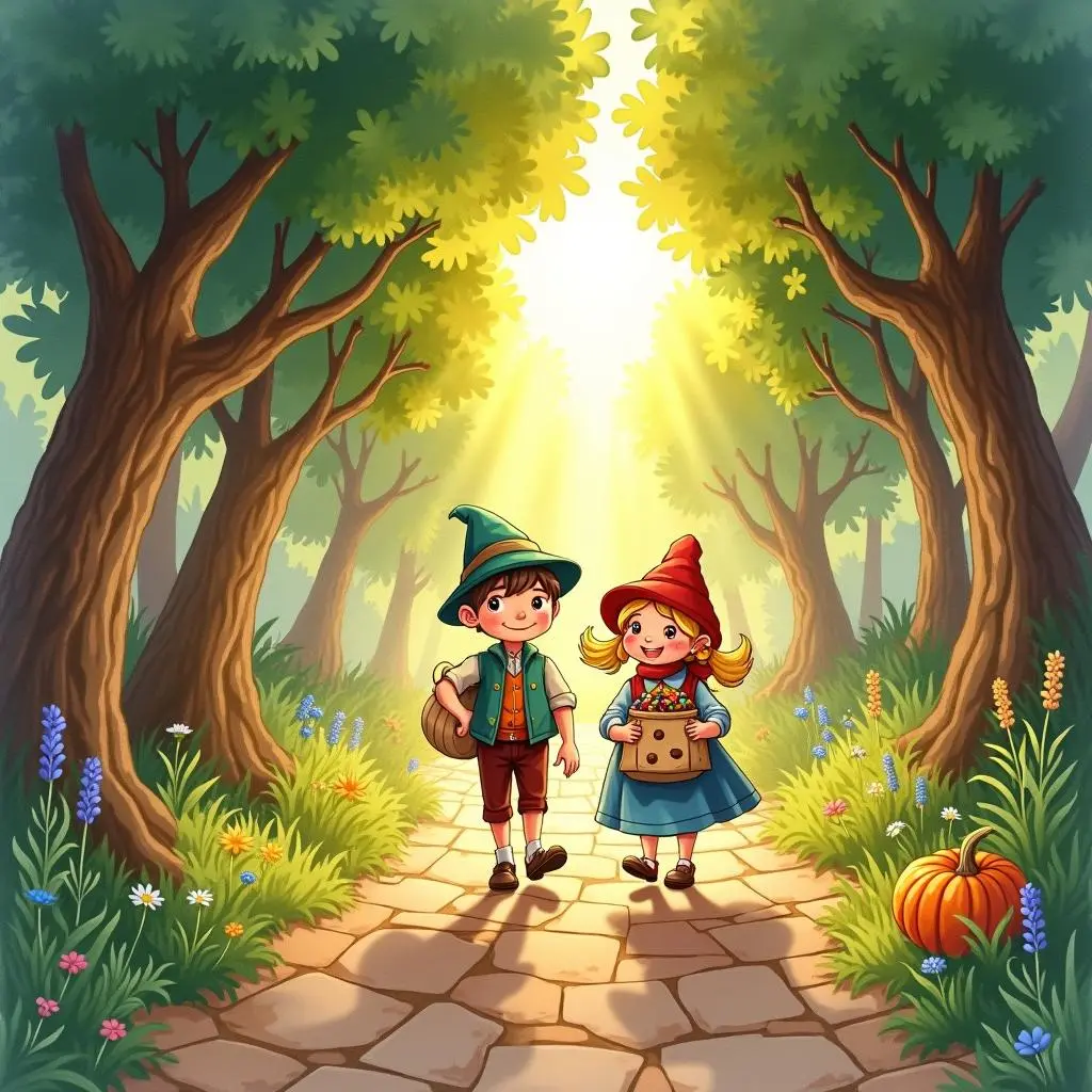 Hansel and Gretel going home with treasures