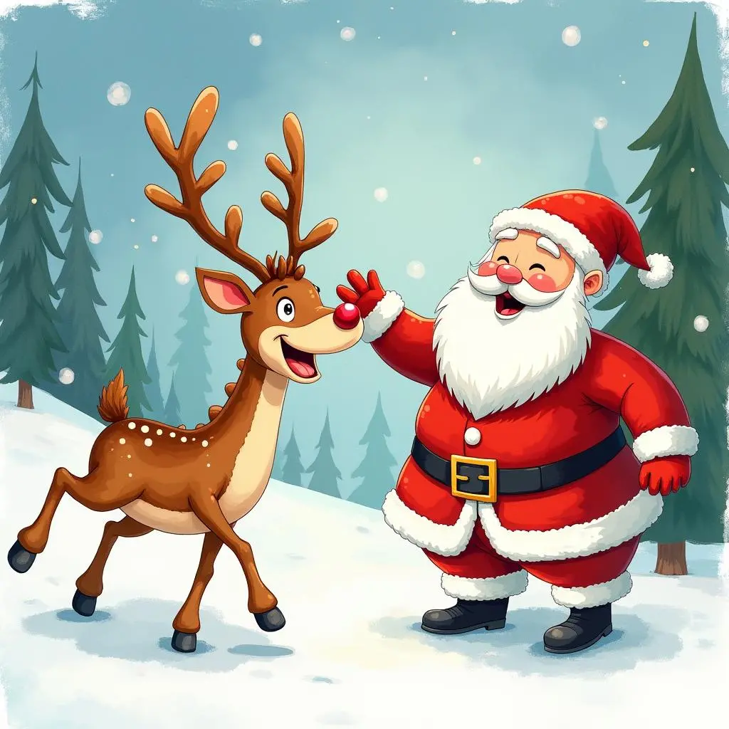 Rudolph jumps excitedly in front of Santa Claus