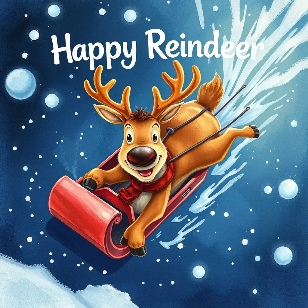 Rudolph pulls the sleigh flying in the snowy night