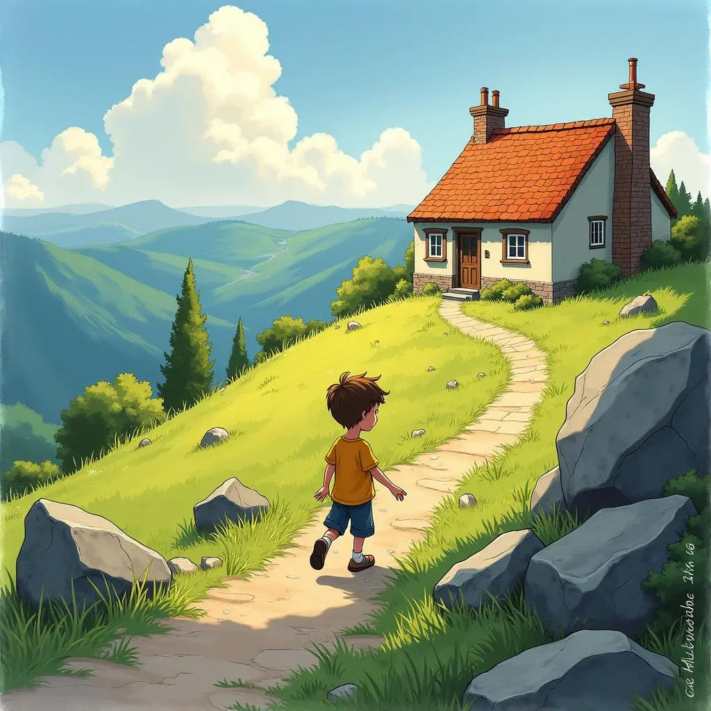 Hans approaches the hilltop cottage