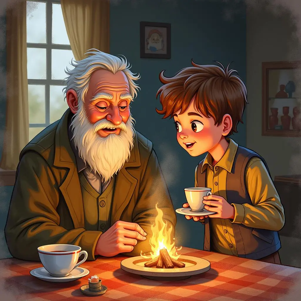 Hans talks with the old man inside the cottage