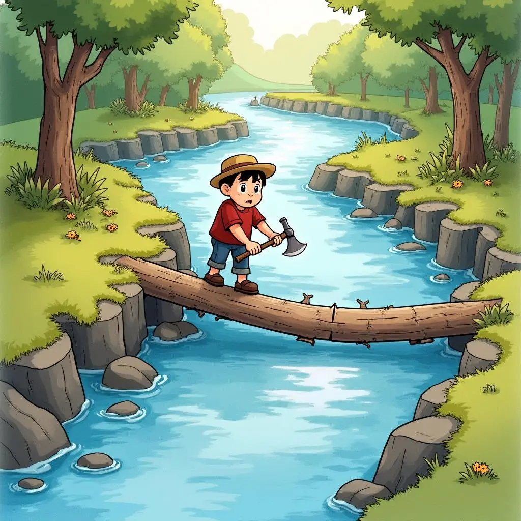 The woodcutter's axe falls into the river while crossing the river