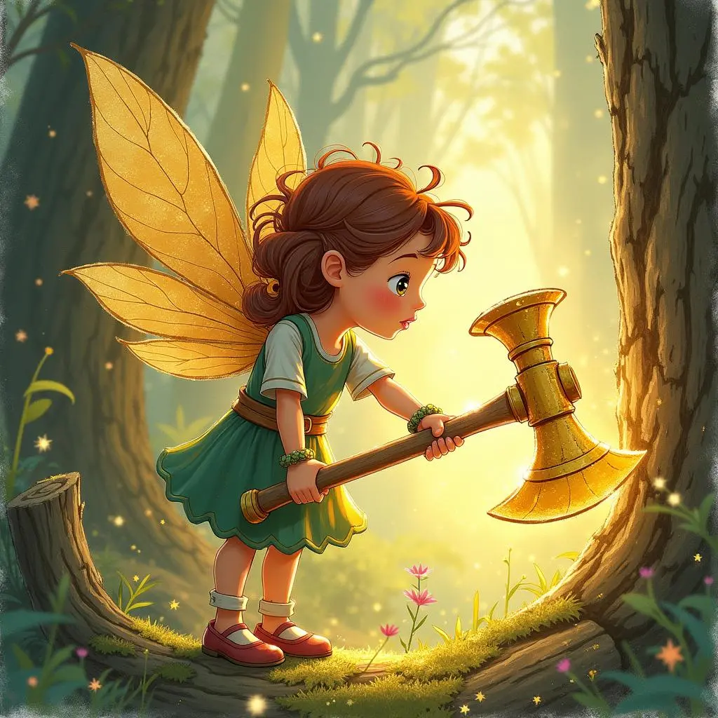 The fairy holds a golden axe