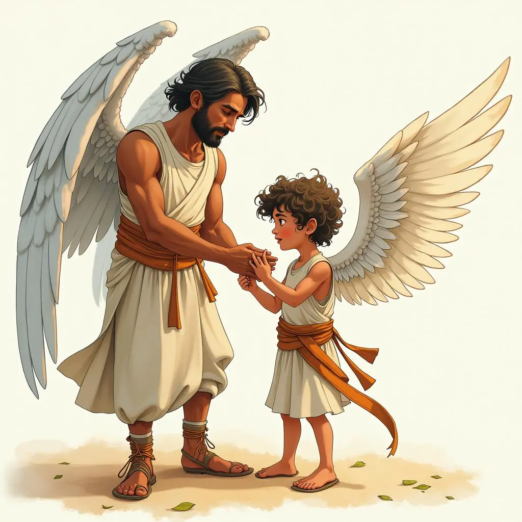 Daedalus tying wings on his son