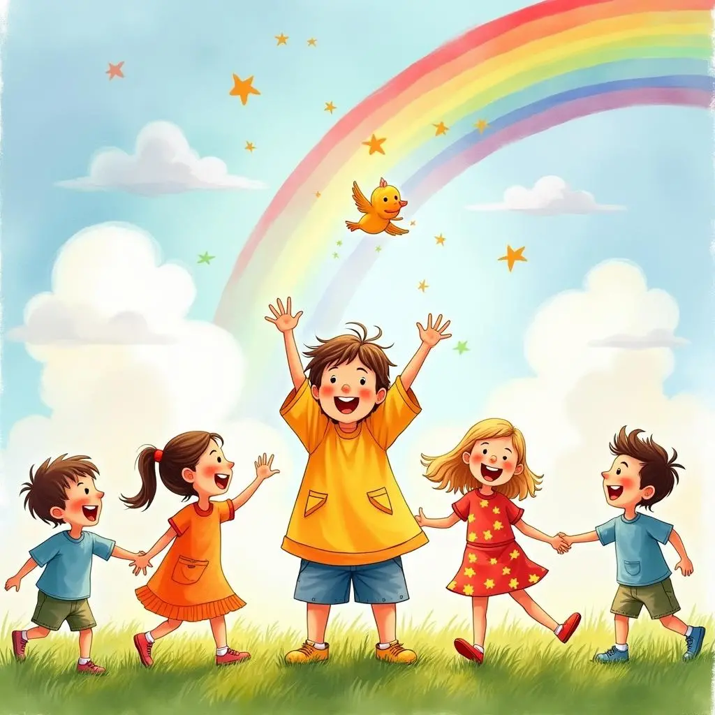 Iris Playing with Children Under the Rainbow