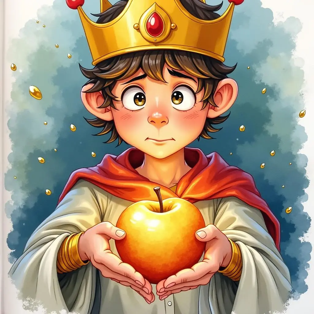 Midas holds a golden apple and looks worried